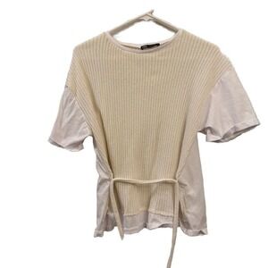 Zara Contrasting Knit Panel Tie-Side T-Shirt in White/Cream